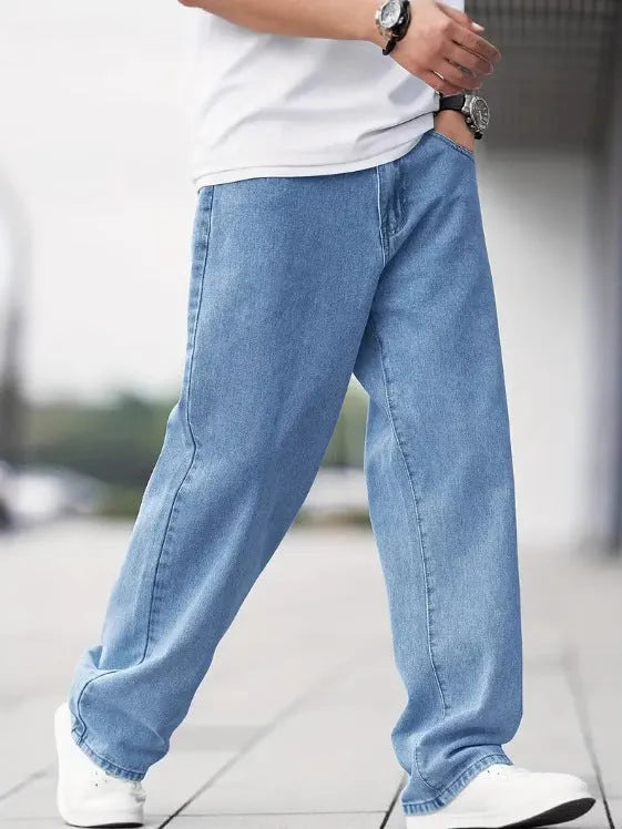Men's sky blue denim loose straight casual trousers with zipper fly