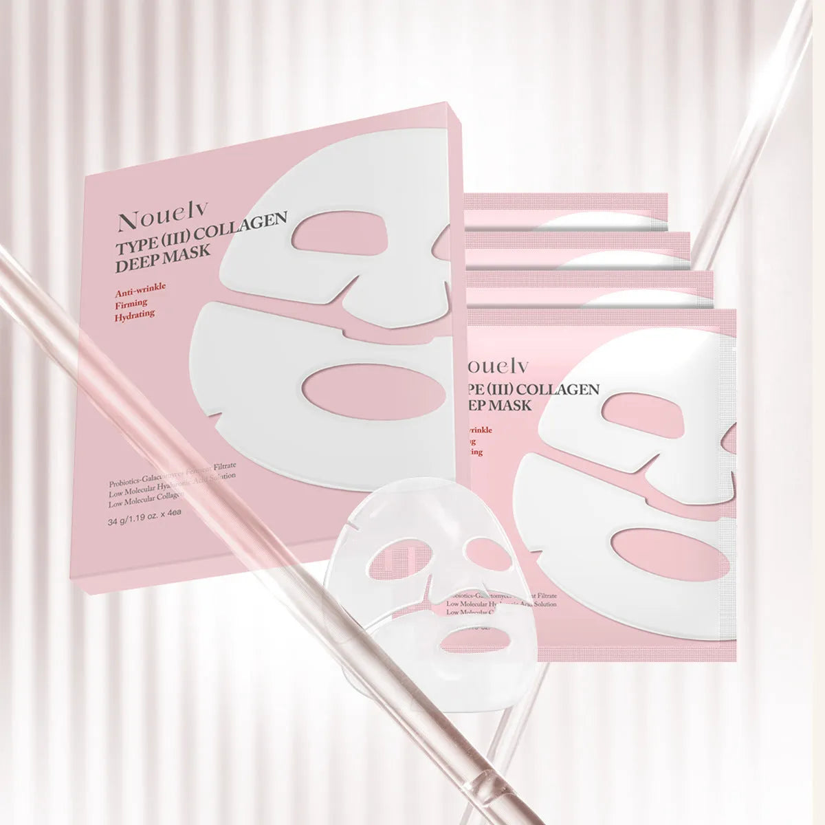 Box containing four collagen layered patch masks for facial moisturising and rejuvenation.
