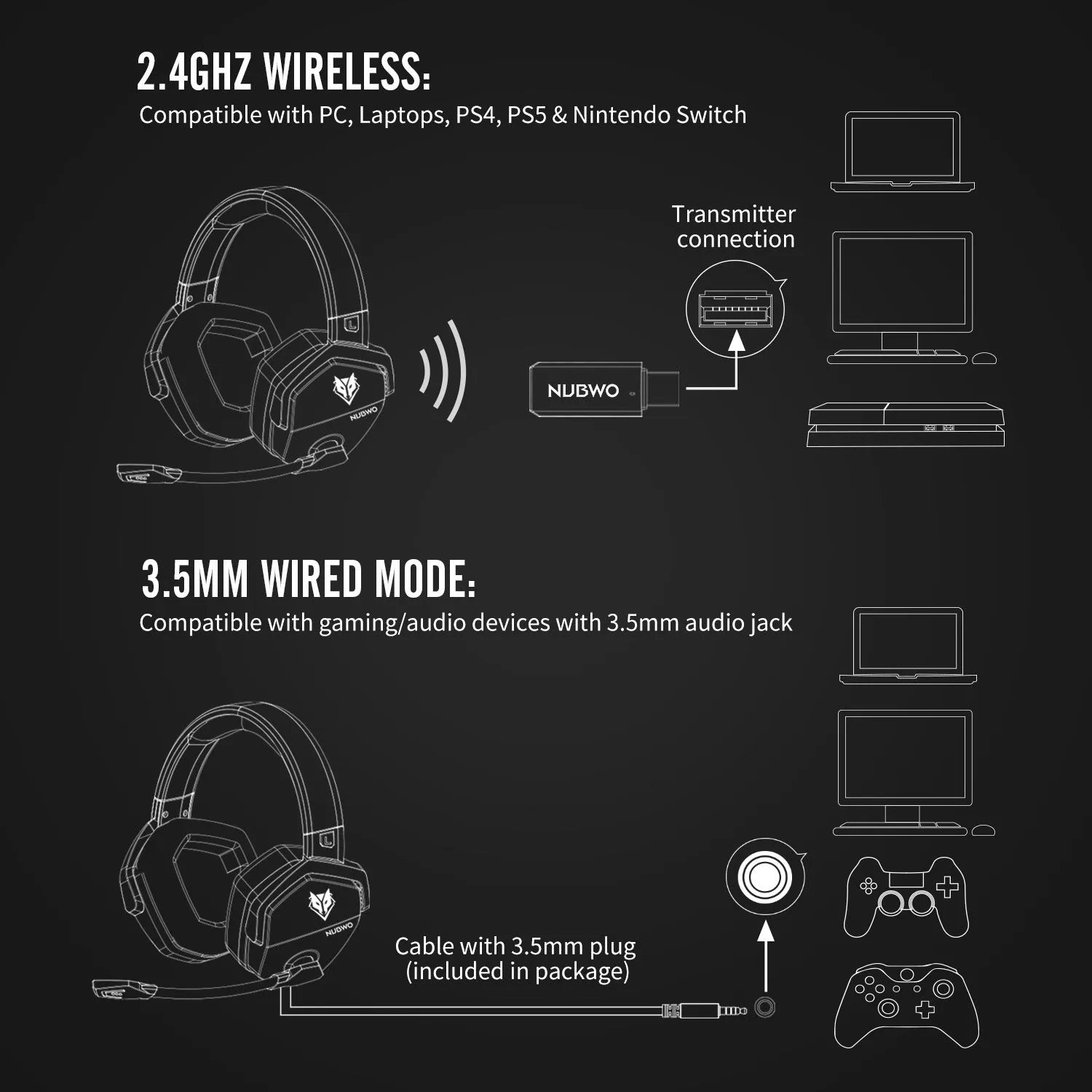 Black and orange wireless gaming headset with over-ear cups and a built-in microphone.