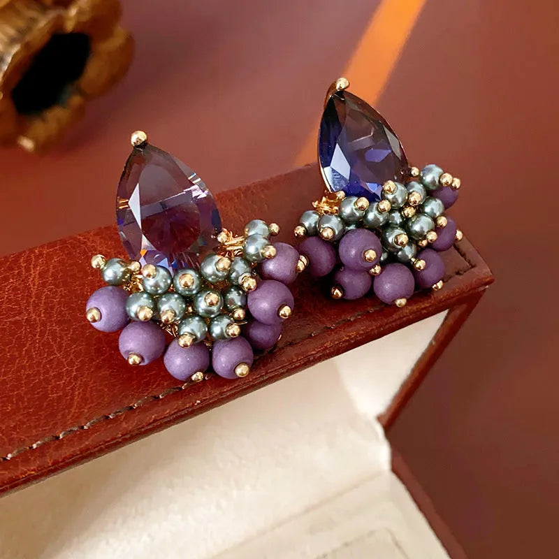 Retro purple water drop tassel earrings with silver needle alloy fitting, one pair