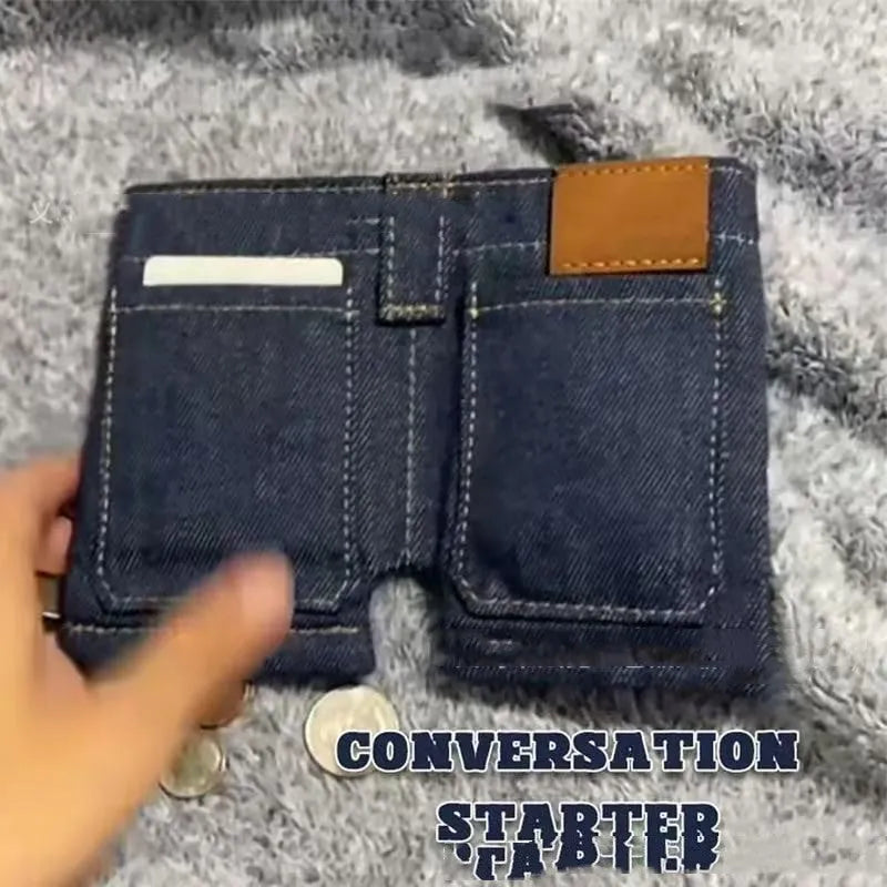 Foldable jeans shape coin purse in blue fabric, American style, compact design