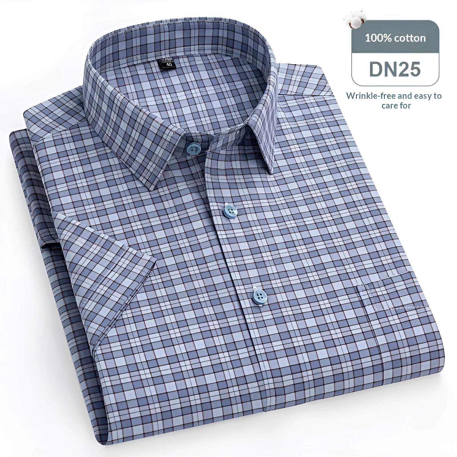 Men's pure cotton short-sleeved Oxford check shirt in plaid pattern, cardigan style front, multiple colour options