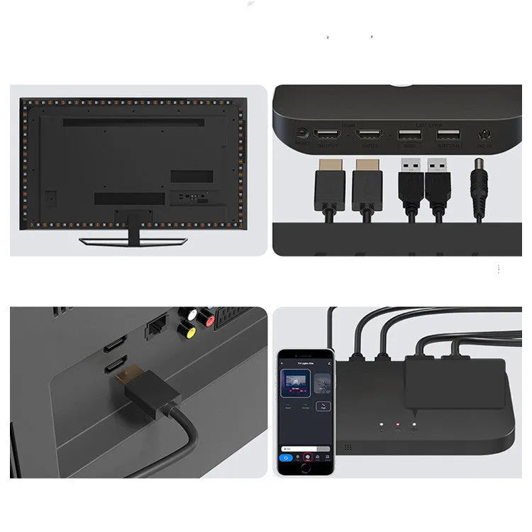 Smart TV atmosphere graffiti effect light with 60 LED beads per metre, sync box, and pure copper HDIM cable behind TV
