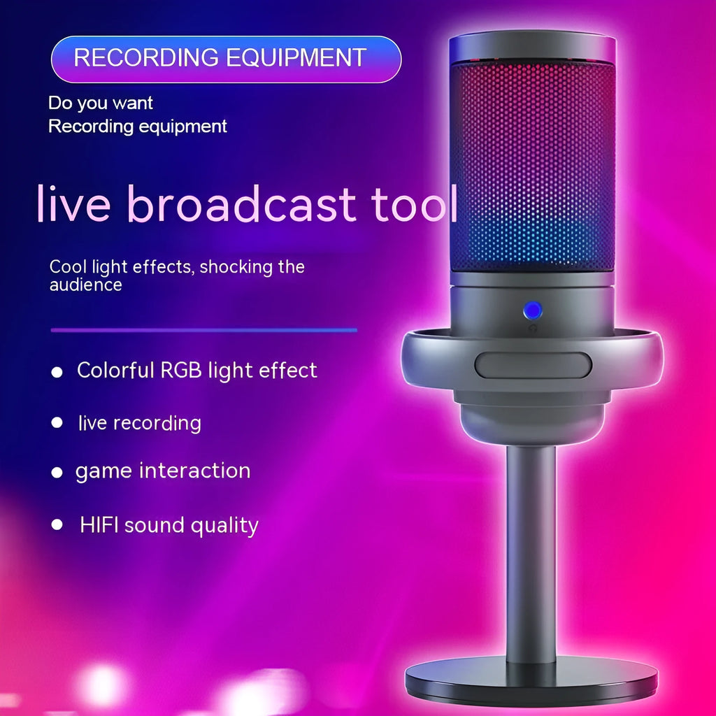 RGB condenser microphone for live broadcast with USB cable in black, white, or pink colours