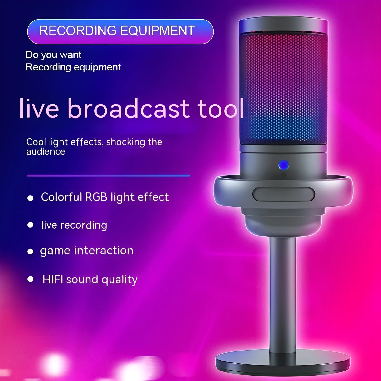 RGB condenser microphone for live broadcast with USB cable in black, white, or pink colours
