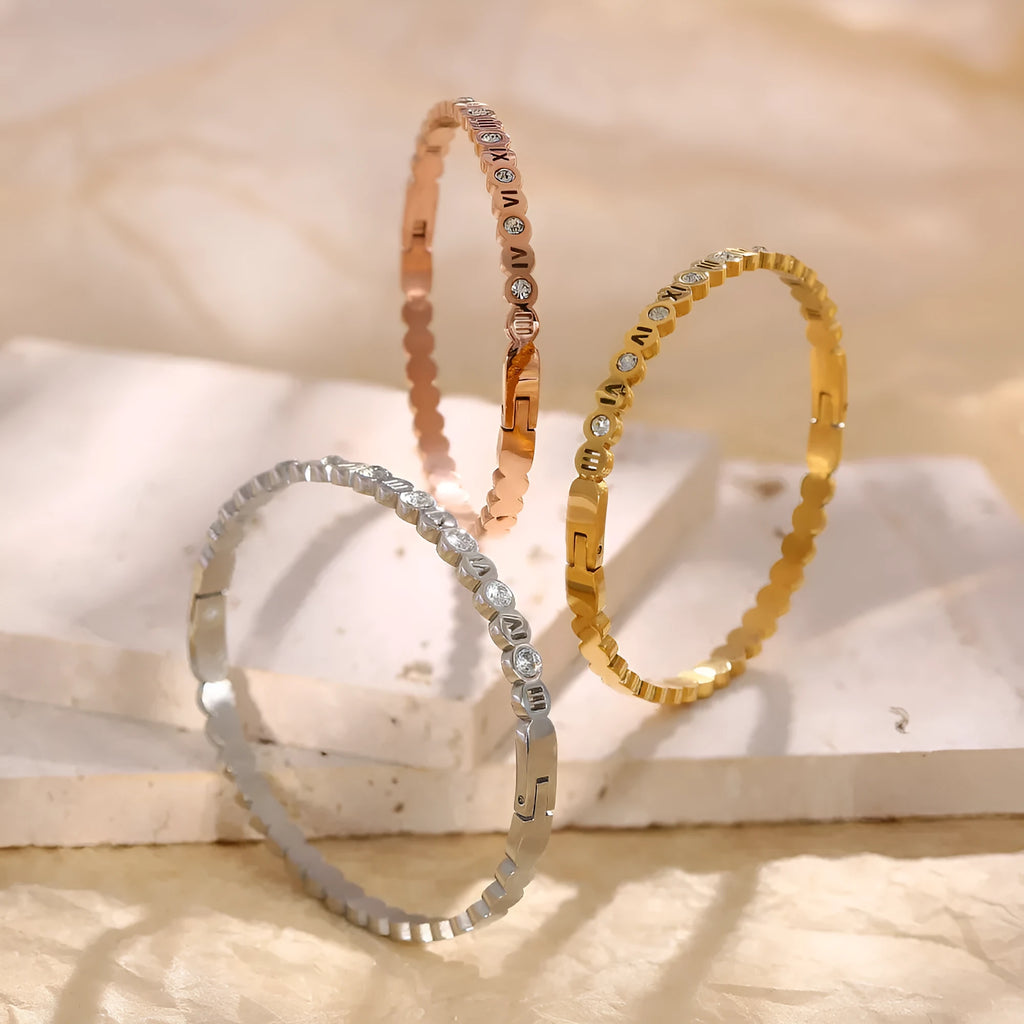 Korean style titanium steel bracelet with numeric elements in gold, rose gold, and steel colour options