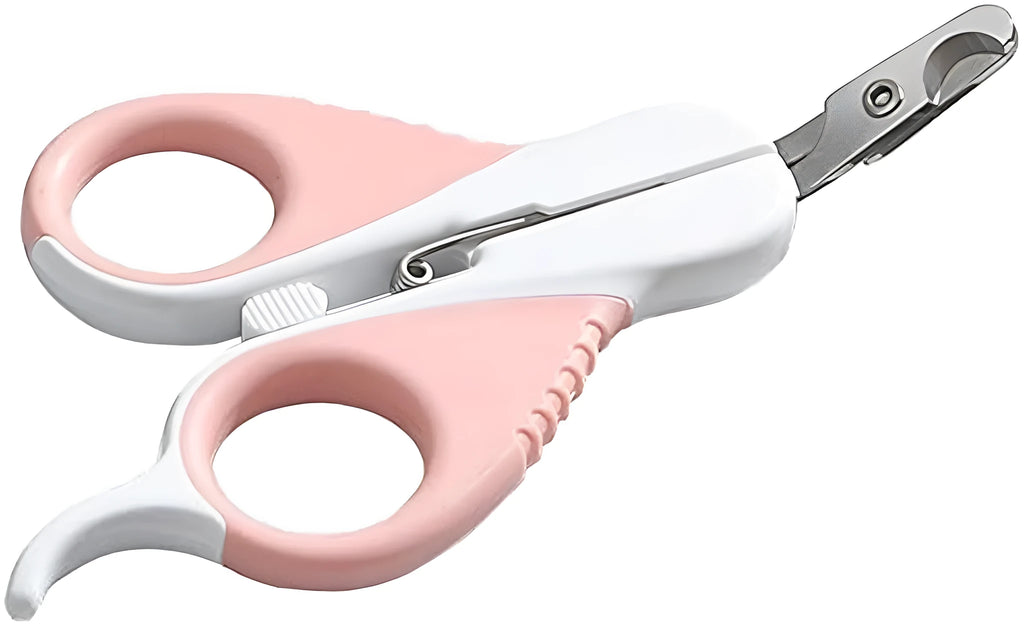 Grey and pink angled cat nail clippers with safety guard and rubberised handles.
