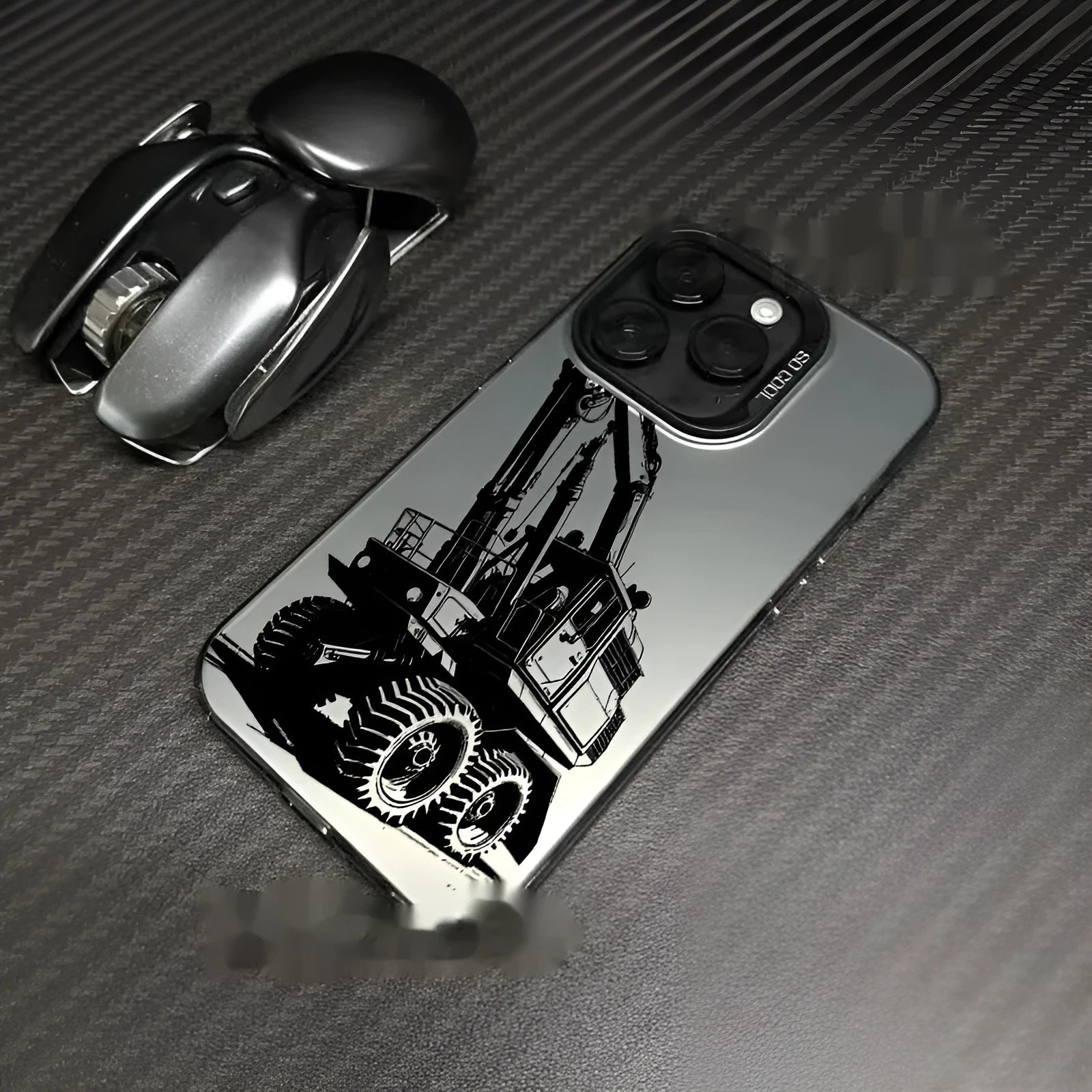 iPhone 16 Pro hard PC phone case with blue laser excavator design and smooth finish