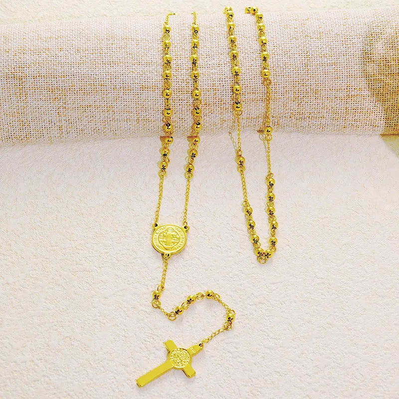 Stainless steel cross pendant necklace sweater chain for women with electroplated finish in gold or steel colour