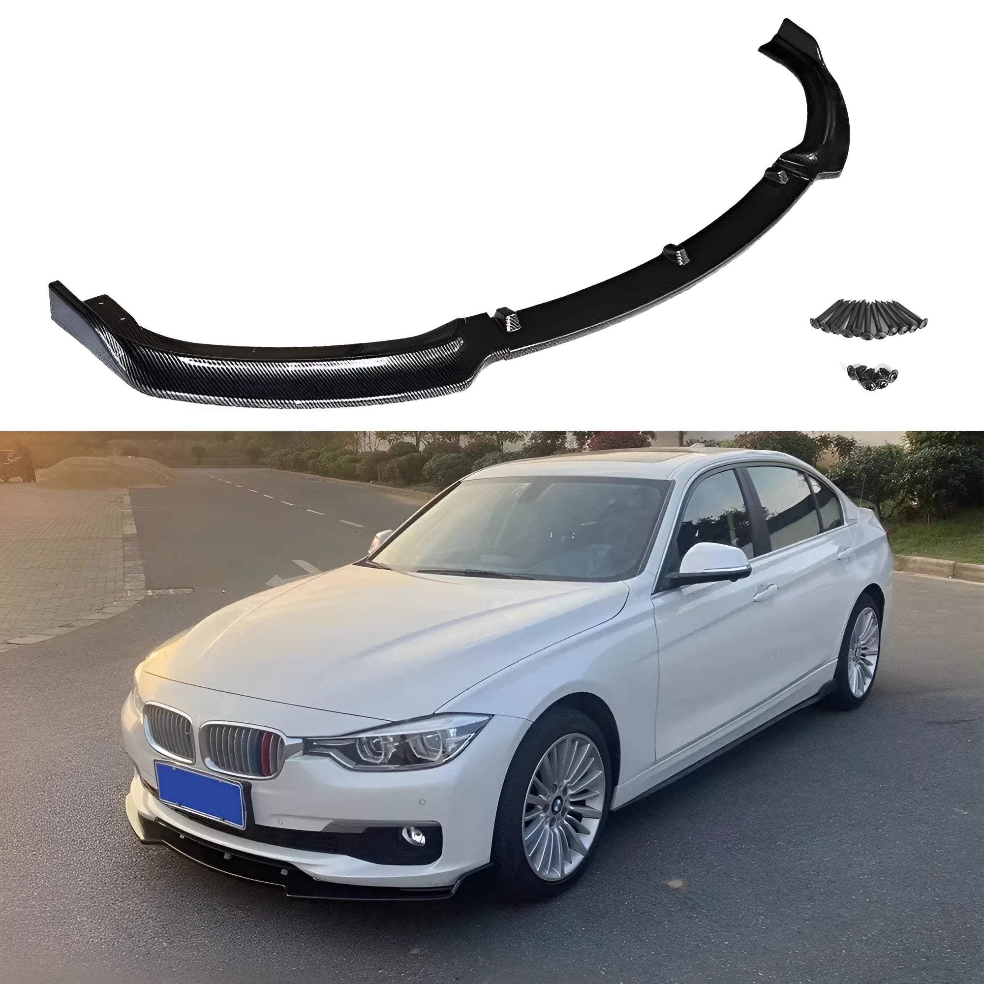 Three-piece black front bumper lip spoiler kit for BMW F30 F35 3 Series cars