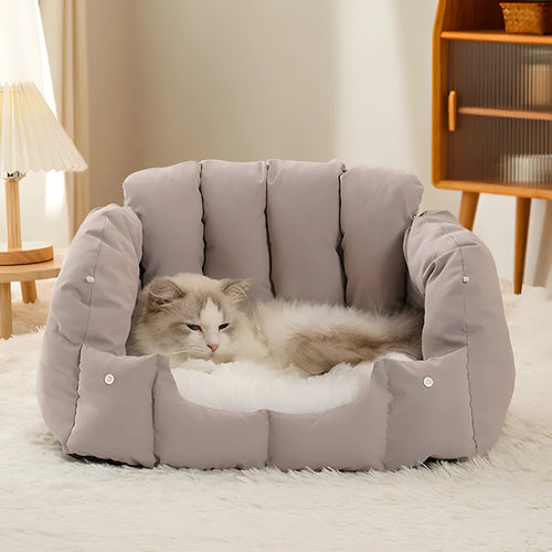 Grey arched cat nest convertible to pet sofa with removable cushion for cats and small dogs