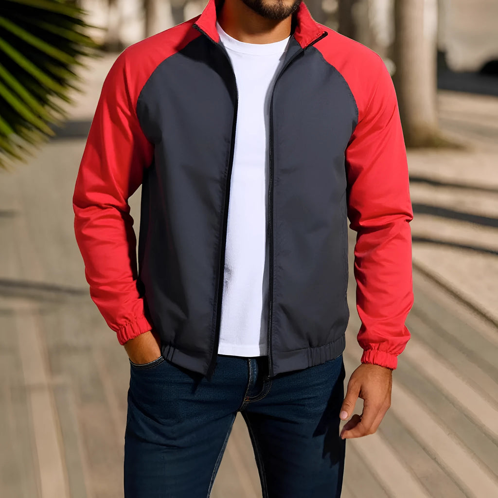Men's loose fit casual jacket with stand collar and raglan sleeves in red, khaki, or green.