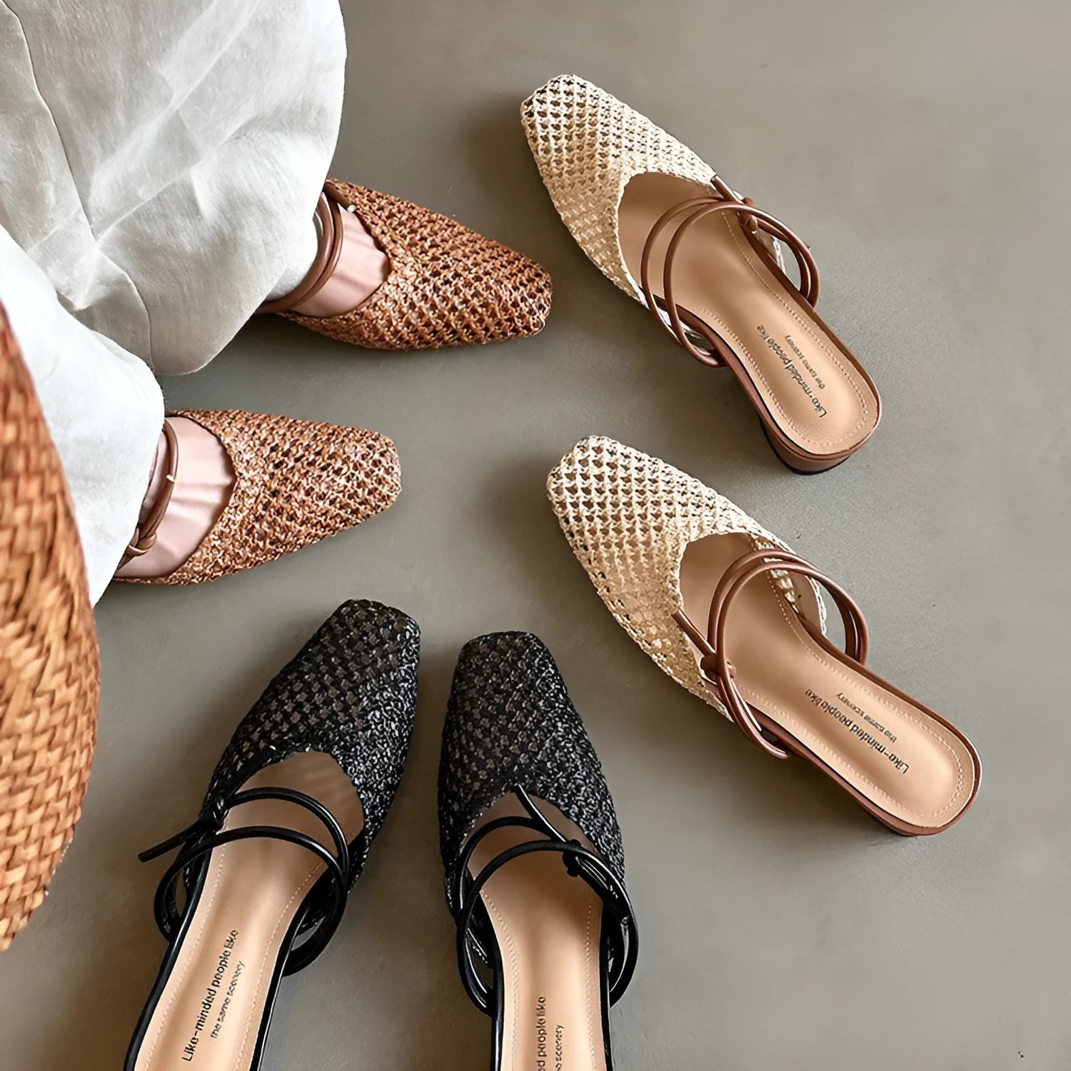 Women's French style square toe outdoor slippers with hollow-out breathable design and chunky retro heel