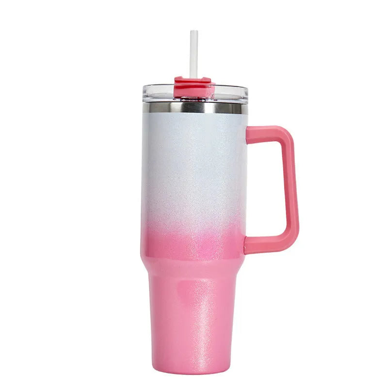 Stainless steel vacuum insulation cup in rainbow gradient colours showing double-layer construction