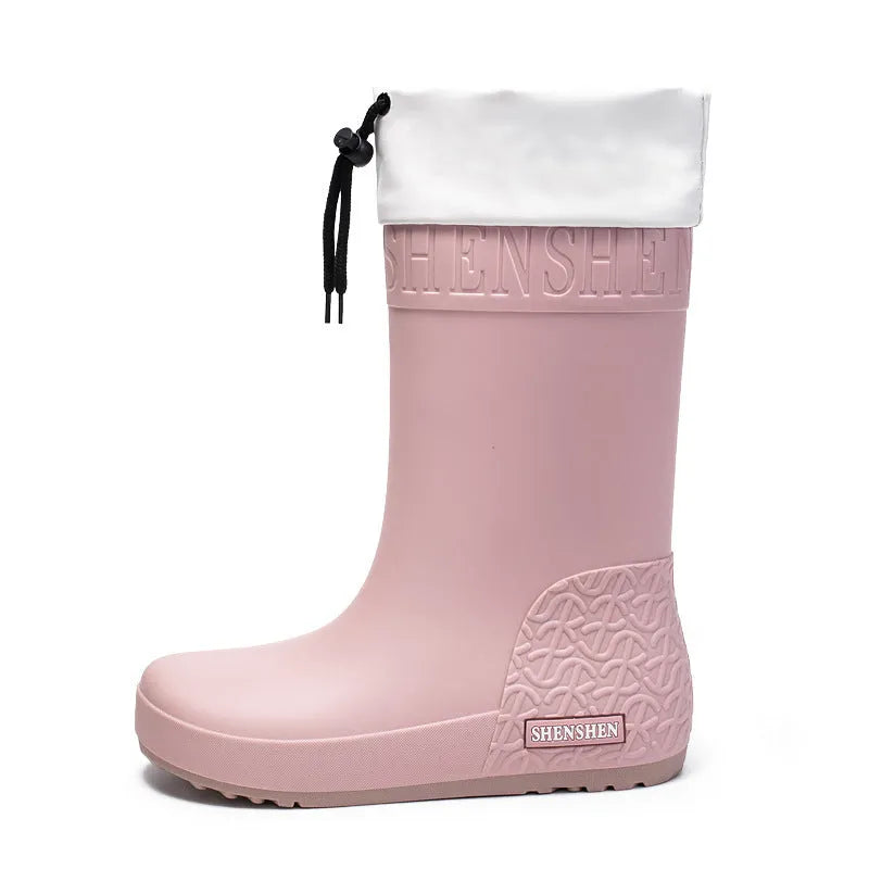 Women's solid colour rain boots with non-slip soles and waterproof mouth design in apricot, black, brown, or pink