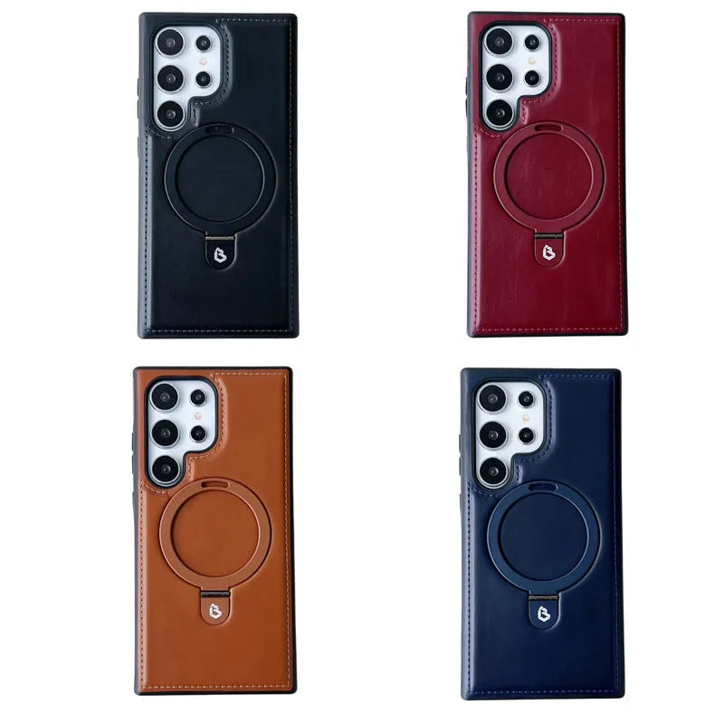 PU leather magnetic ring holder phone case with kickstand in black for Samsung S24