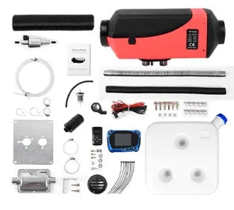 Diesel air heater kit with fuel tank and components for truck or RV installation.