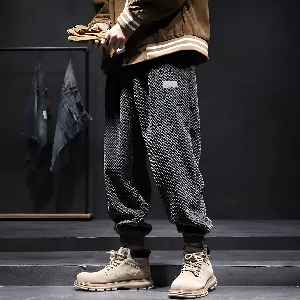 Men's grey ankle-tied straight-leg sweatpants made from non-iron polyester blend