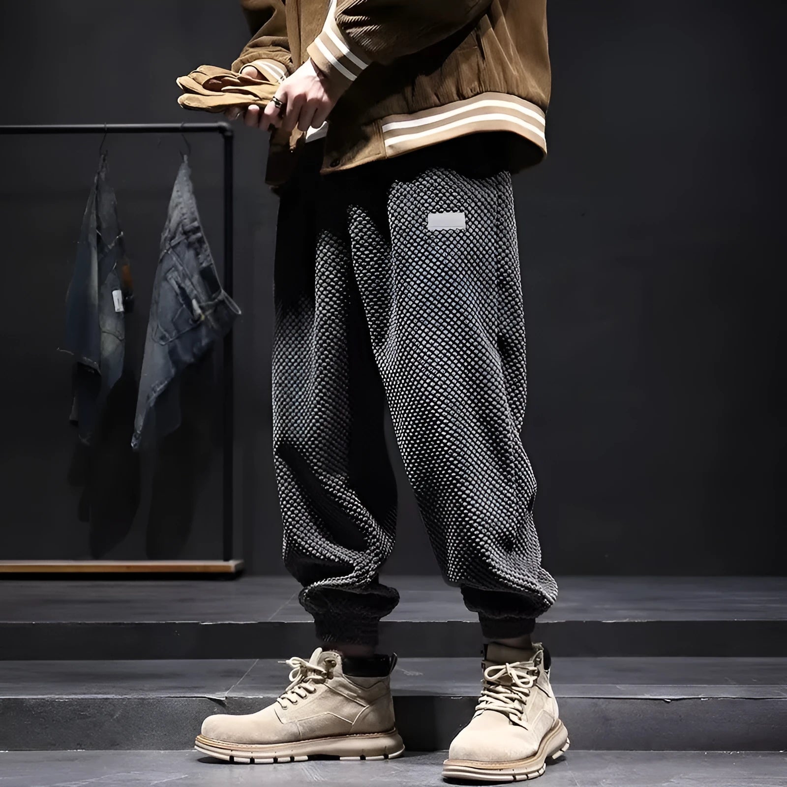 Men's grey ankle-tied straight-leg sweatpants made from non-iron polyester blend