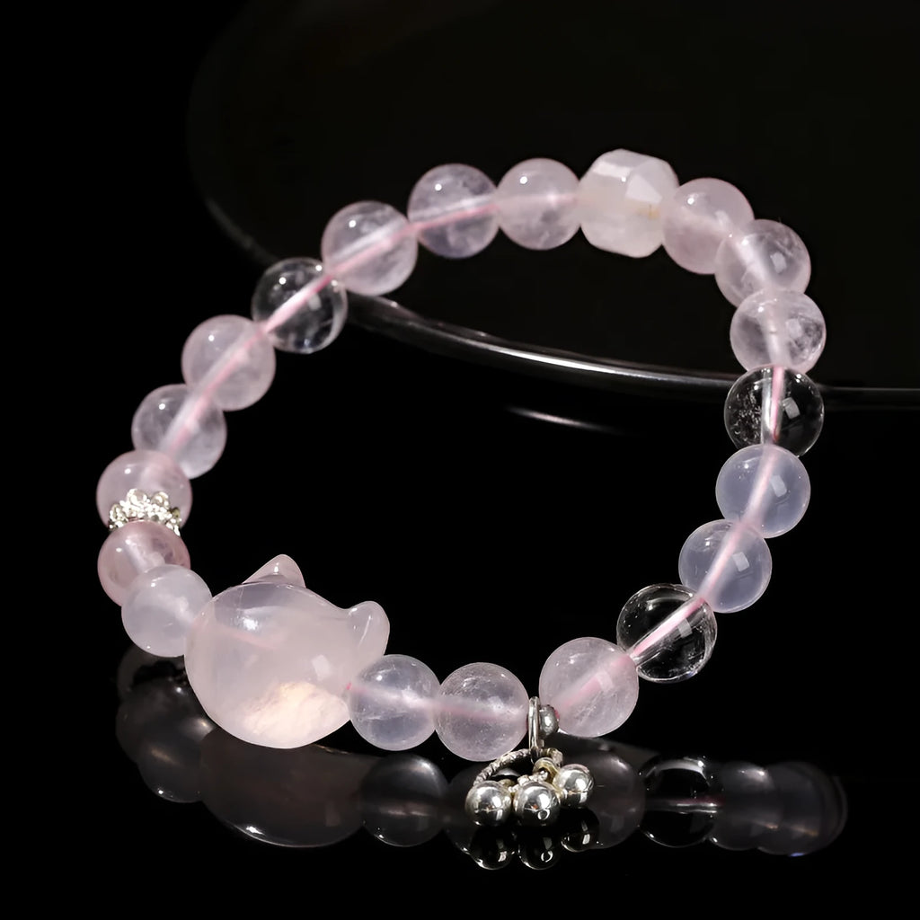 Natural star light pink crystal cat head bracelet with copper setting on adjustable band