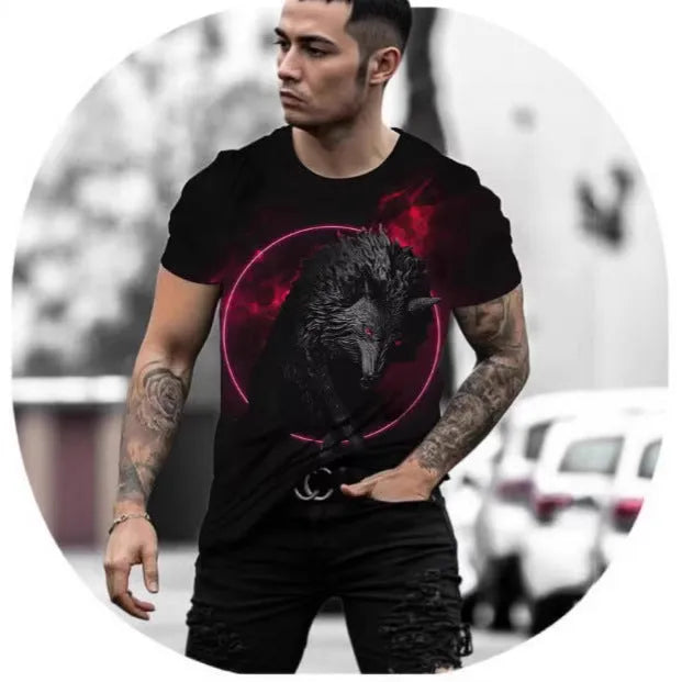 Men's grey short-sleeved T-shirt with a colourful retro 3D digital print of a wild animal on the front.