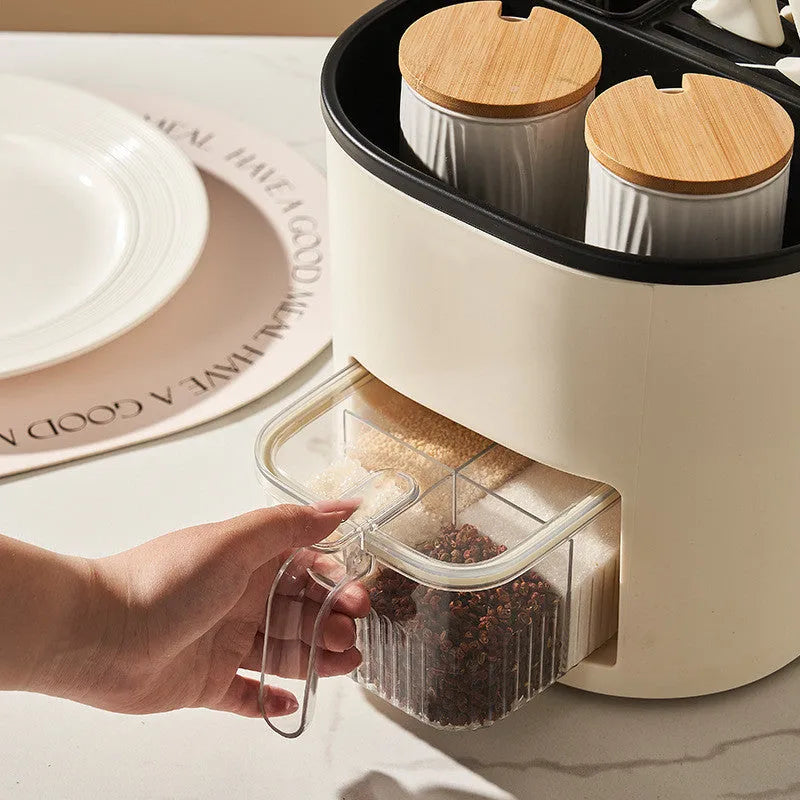Rotating kitchen storage bucket with four-compartment spice box set in simple style