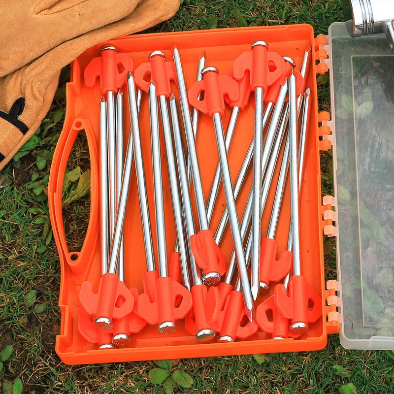 Boxed orange plastic tent stake measuring 6.5x20.5mm with flat head