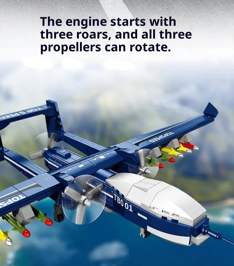 Plastic building block set forming a double-tail scorpion drone in a military series with colour box packaging