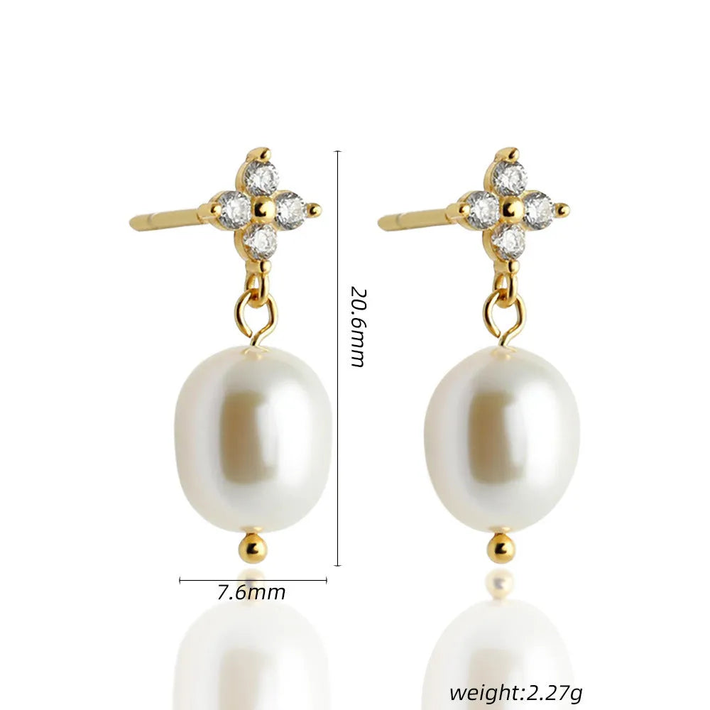 S925 sterling silver four-leaf zircon ear studs with pearl inlay, gold finish