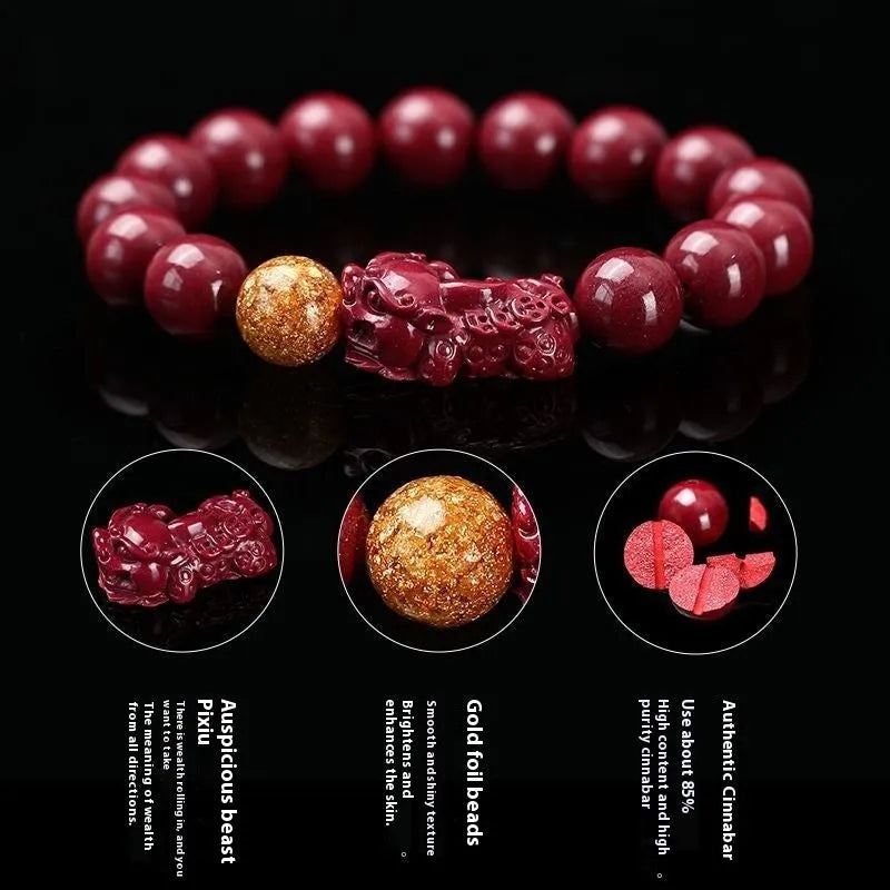 Purple Gold Sandstone cinnabar bracelet with zodiac totem design, showing 10mm bead size.