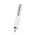 Pink and white stainless steel dog dematting comb with ergonomic handle for removing hair knots and mats.
