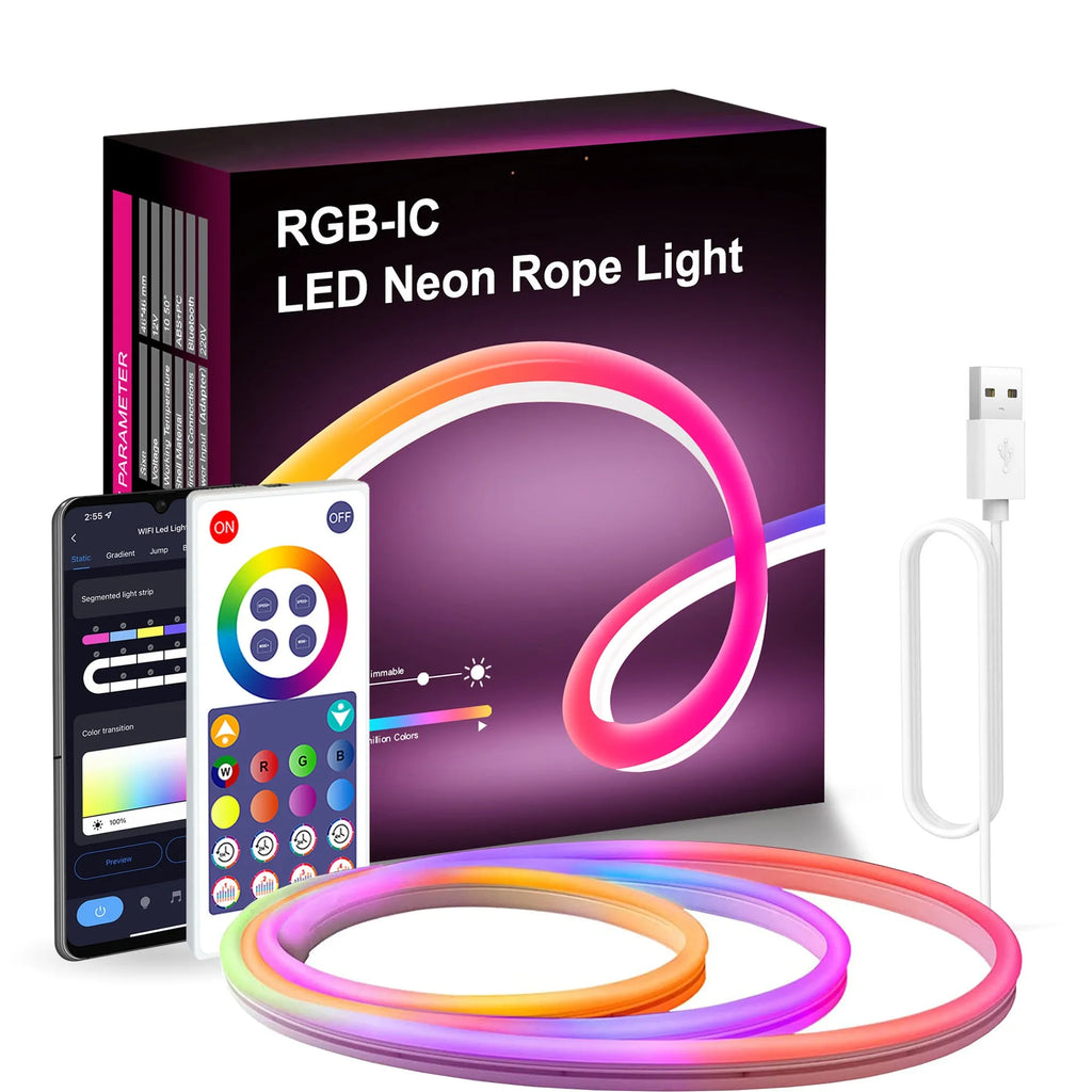 3 metre long USB RGB neon light strip with remote control on a white background.