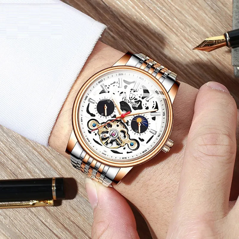 Men's casual luminous waterproof mechanical watch with visible tourbillon movement on wrist.