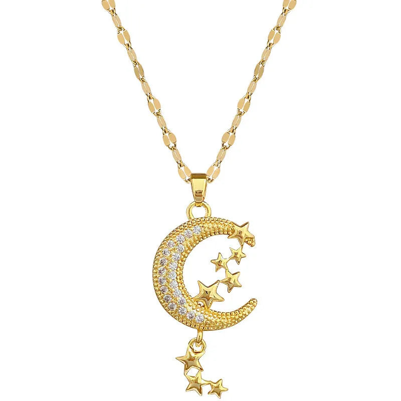 Geometric moon pendant necklace with tassel on a stainless steel chain, showing copper metal tone.
