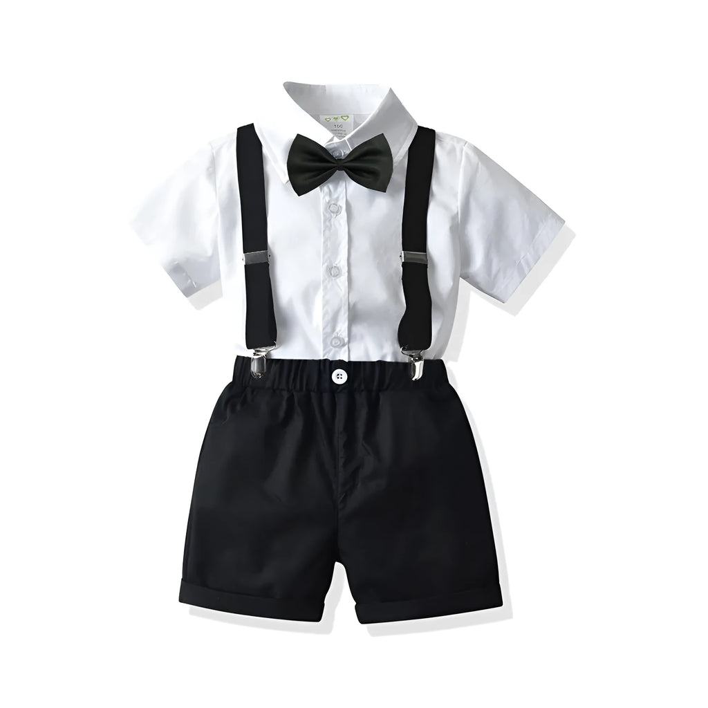 Boys' white short-sleeved shirt and suspender shorts matching set in cotton fabric