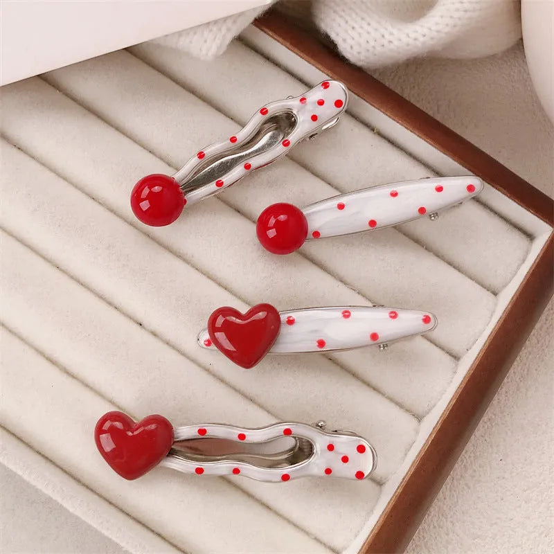 Red love heart shaped willow leaf hair clip with dots, a French retro Korean-style barrette.