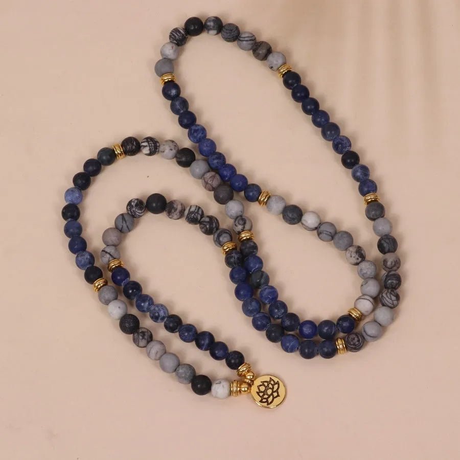 Blue patterned network stone bead multi-layer bracelet with alloy links