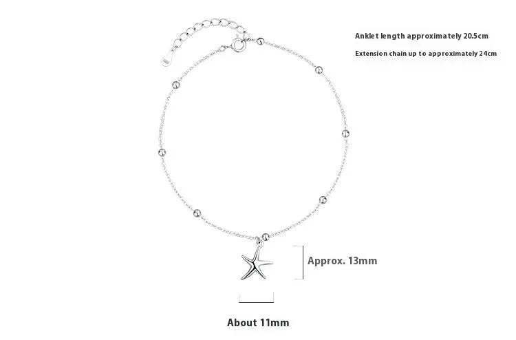 Adjustable sterling silver anklet with a detailed starfish charm and round beads on a silver chain.