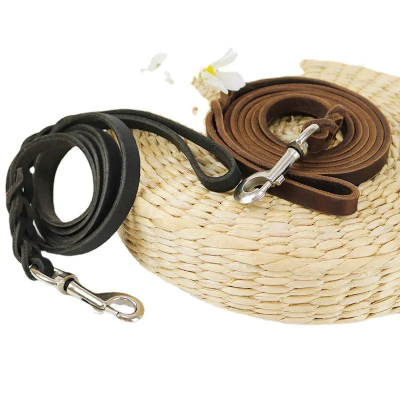 Leather dog walking rope in light brown colour with measurements showing 1.2cm width