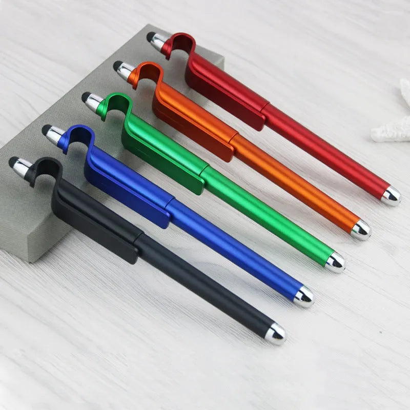 Multifunctional plastic pen with stylus tip and built-in mobile phone holder in black or blue.