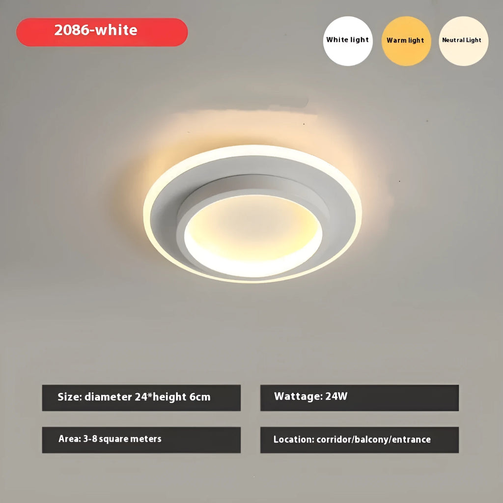 Round white LED ceiling light, 24cm diameter, with tricolour option for indoor hallway or aisle