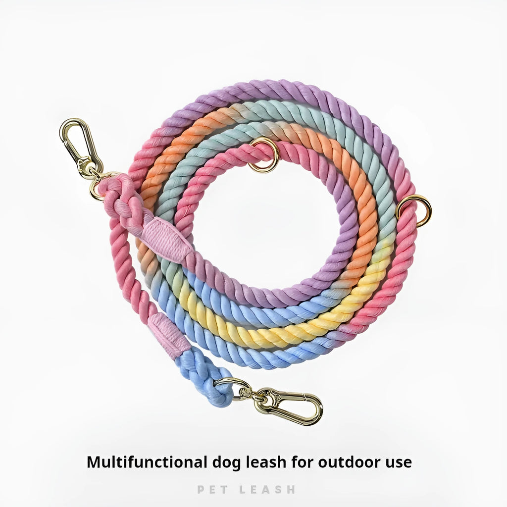 Woven rainbow double-ended dog lead with hand-held rope section in multiple colour options