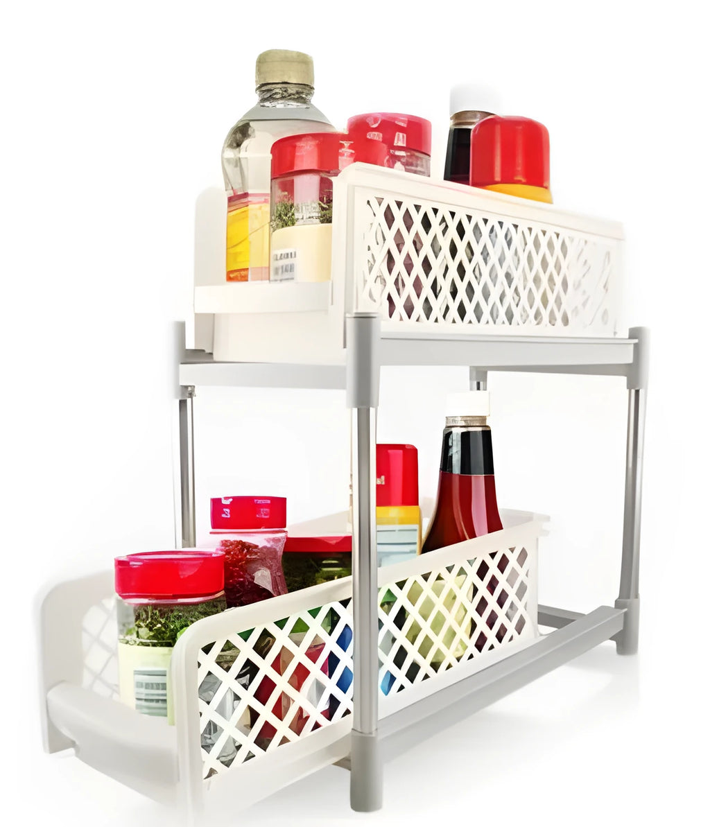 White two-tier plastic storage rack, 41.5 x 19.3 x 9.3 cm, for desktop use in bathroom or kitchen.
