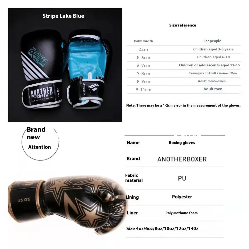Gold children's Sanda boxing gloves with star design, showing vertical style and PU construction.