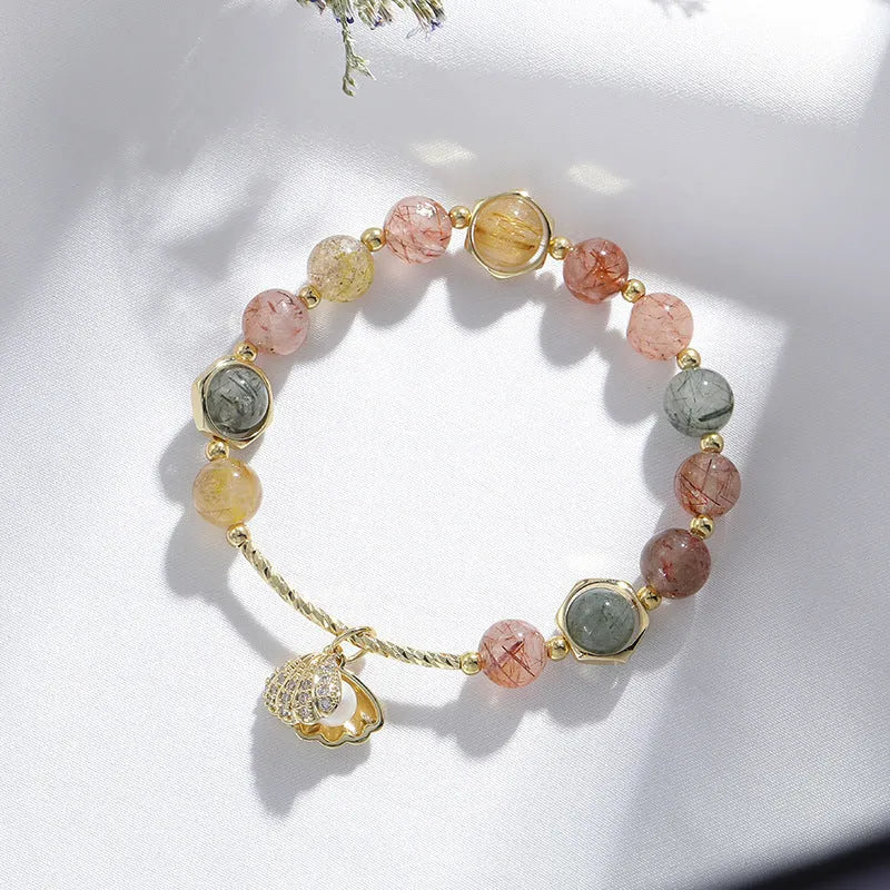 Women's colourful hair crystal shell bracelet with red sealant flower detailing and electroplated finish