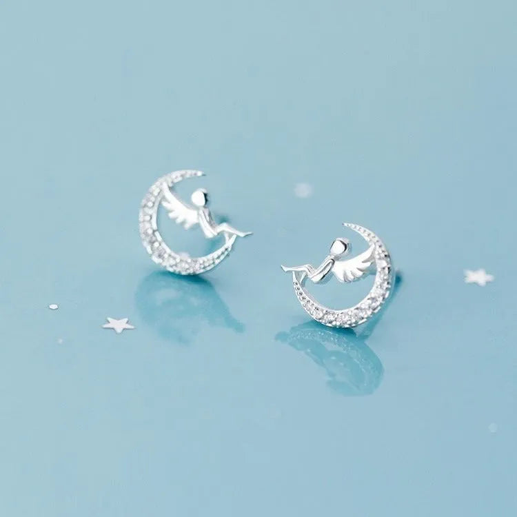 Silver plated angel stud earrings for women, Korean-style fresh glossy design, silvery colour, simple stud shape