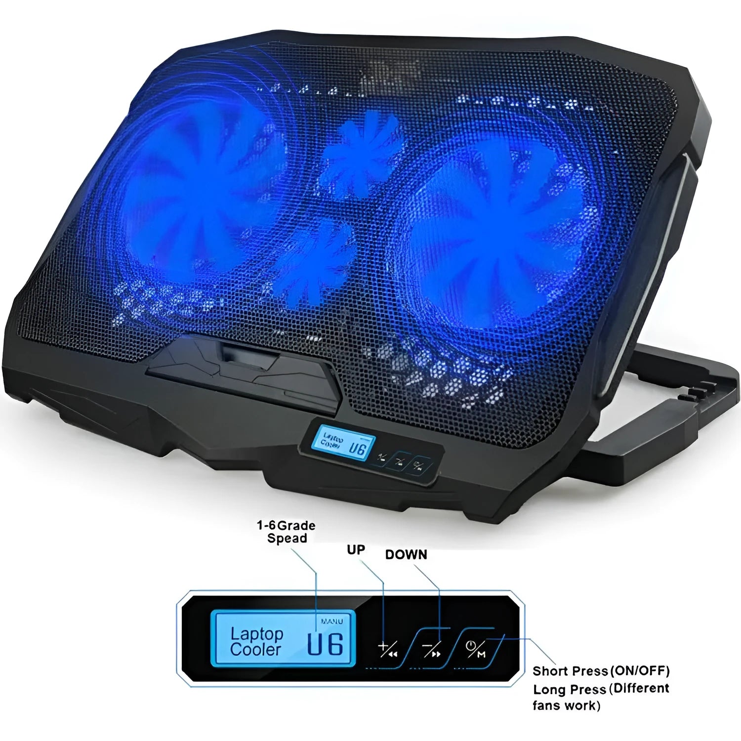 Black universal laptop cooling stand with copper heat pipes and dual USB ports