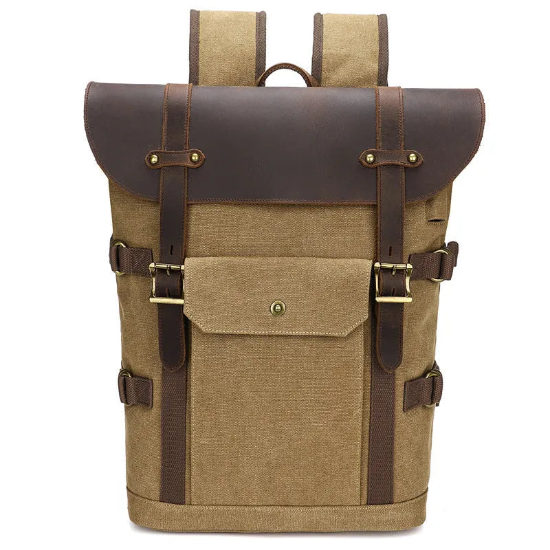 Army Green canvas computer backpack with crazy horse leather detailing and USB charging port