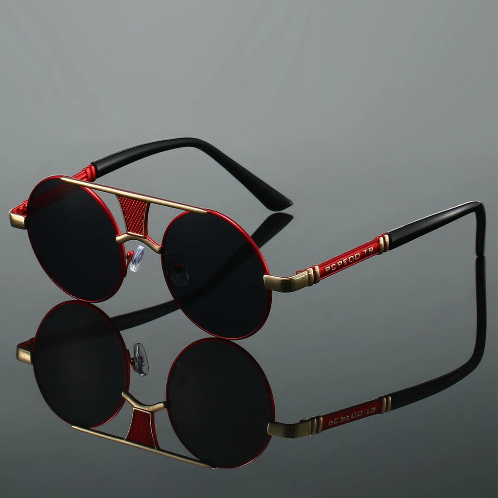 Men's double beam round frame sunglasses with PC lenses in black frame black colour variant