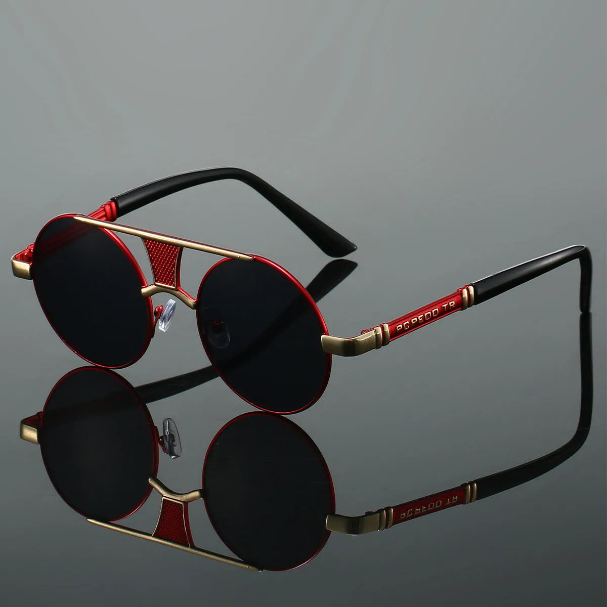 Men's double beam round frame sunglasses with PC lenses in black frame black colour variant